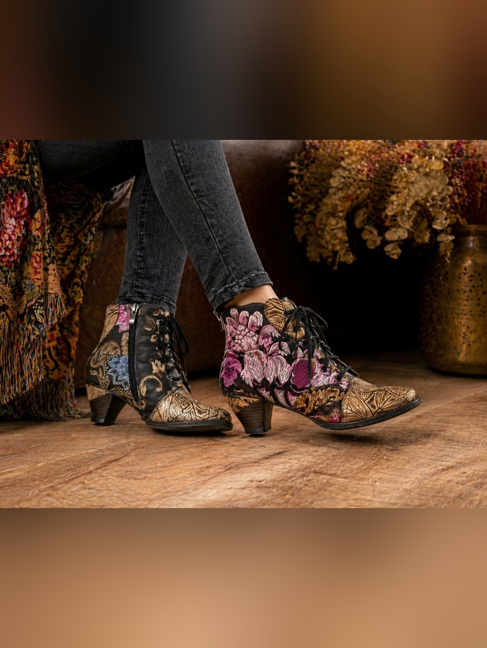 Dainty Floral Leather & Fabric Heel Booties
